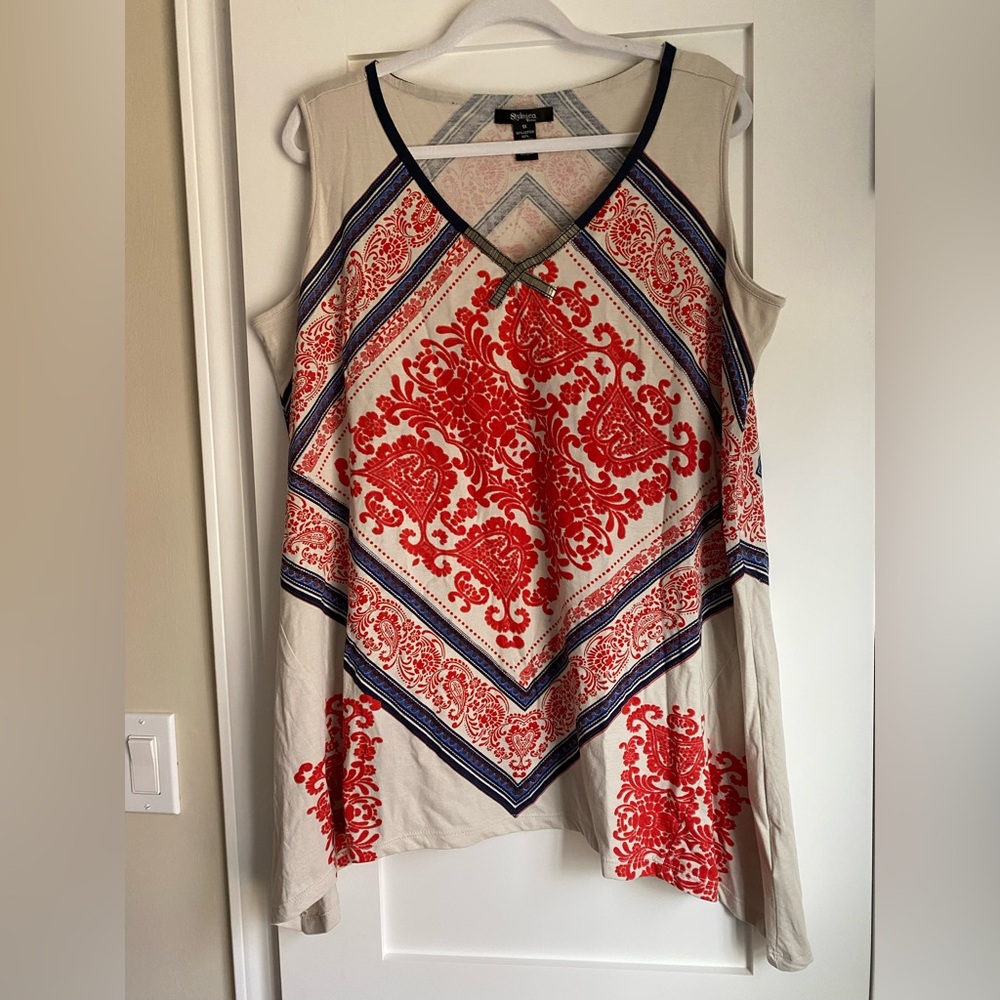 Style&com Asymmetrical Women's Sleeveless  Red/Tan Patterned Tribal Top tunic 1X
